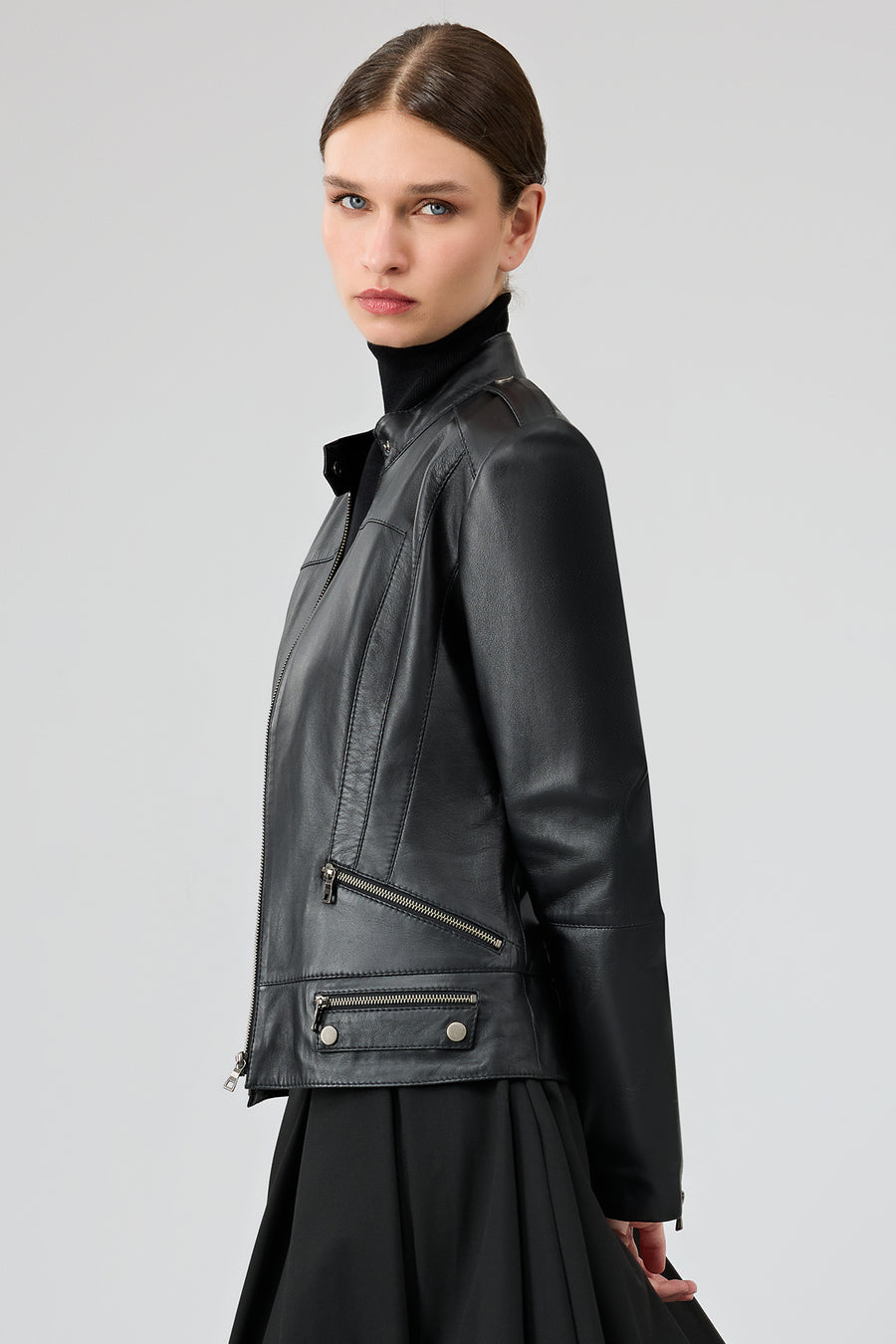 Nora Women's Black Stand Collar Short Leather Jacket