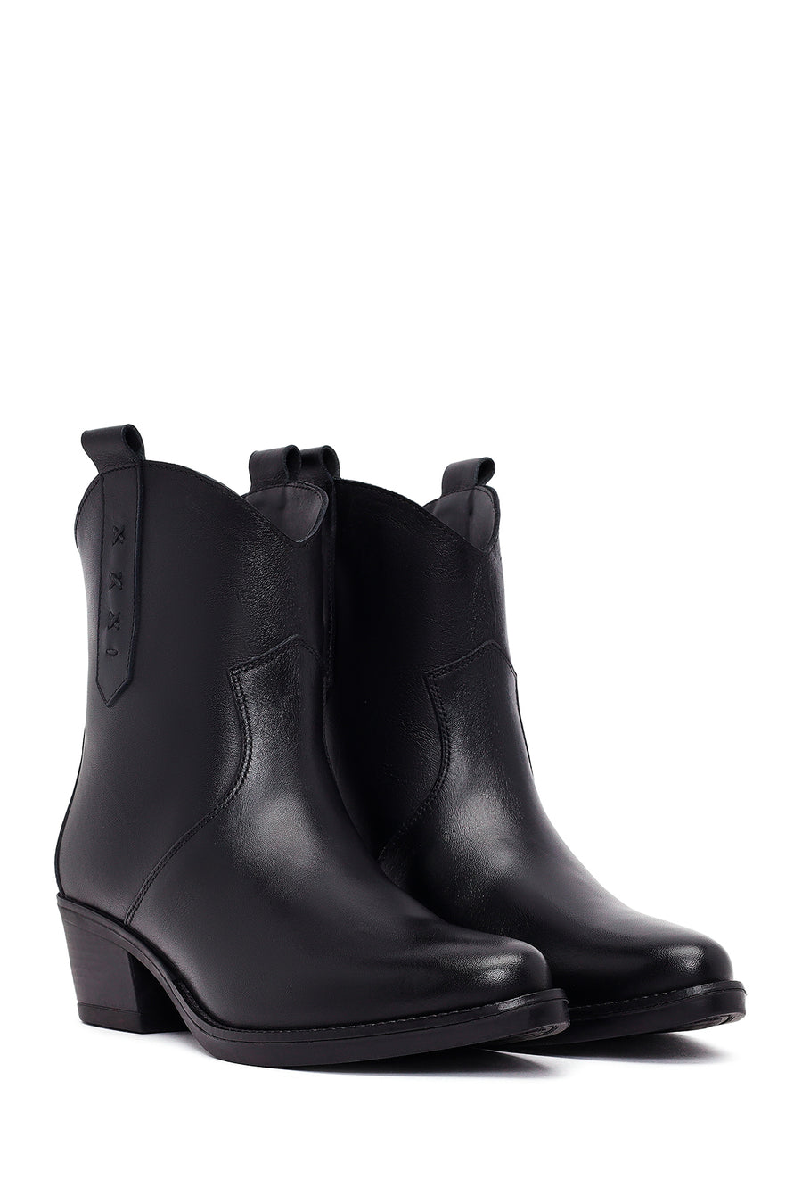 Women's Black Thick Heeled Leather Cowboy Boots
