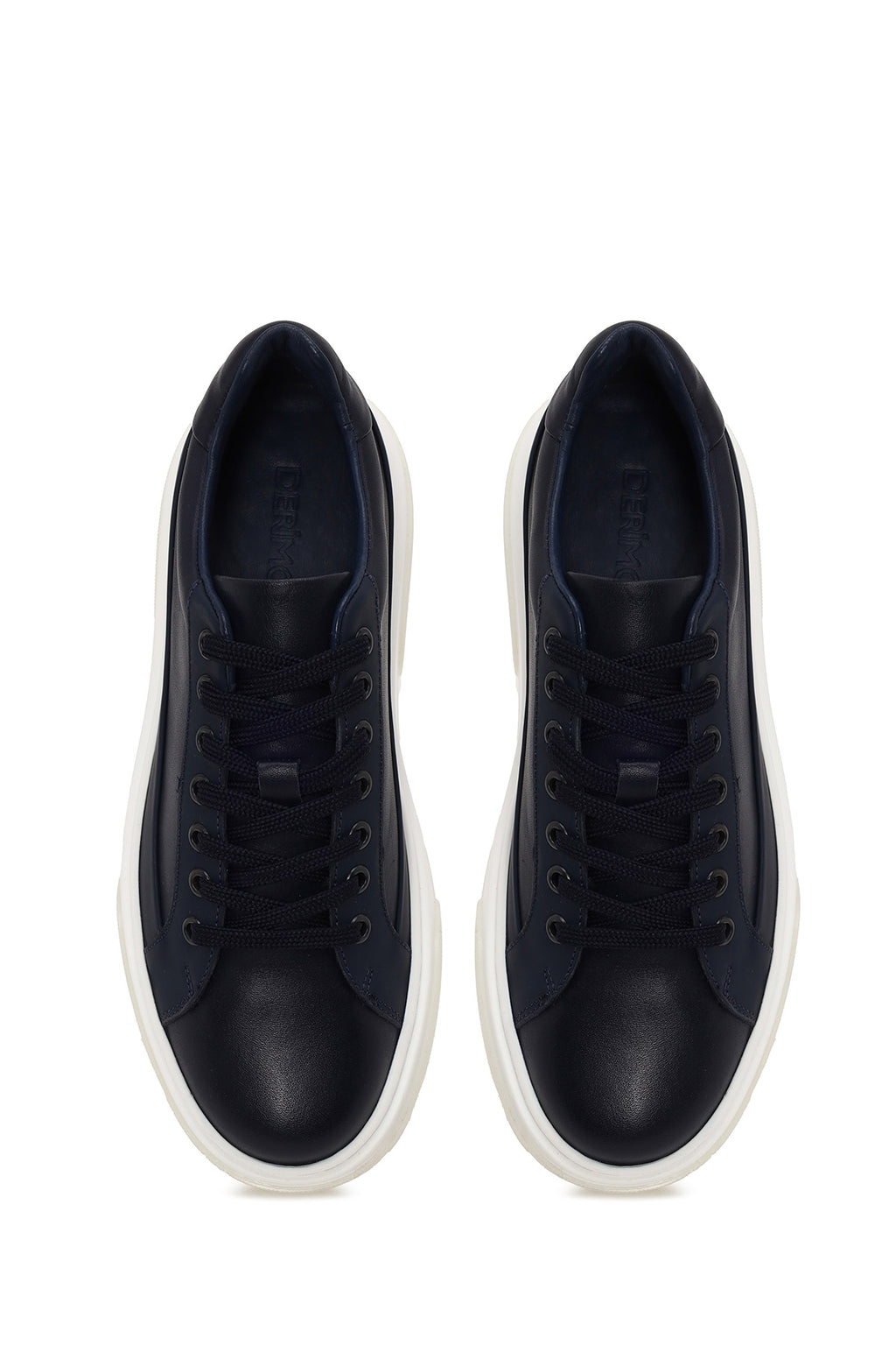 Erkek Lacivert Bağcıklı Kalın Tabanlı Deri Sneaker