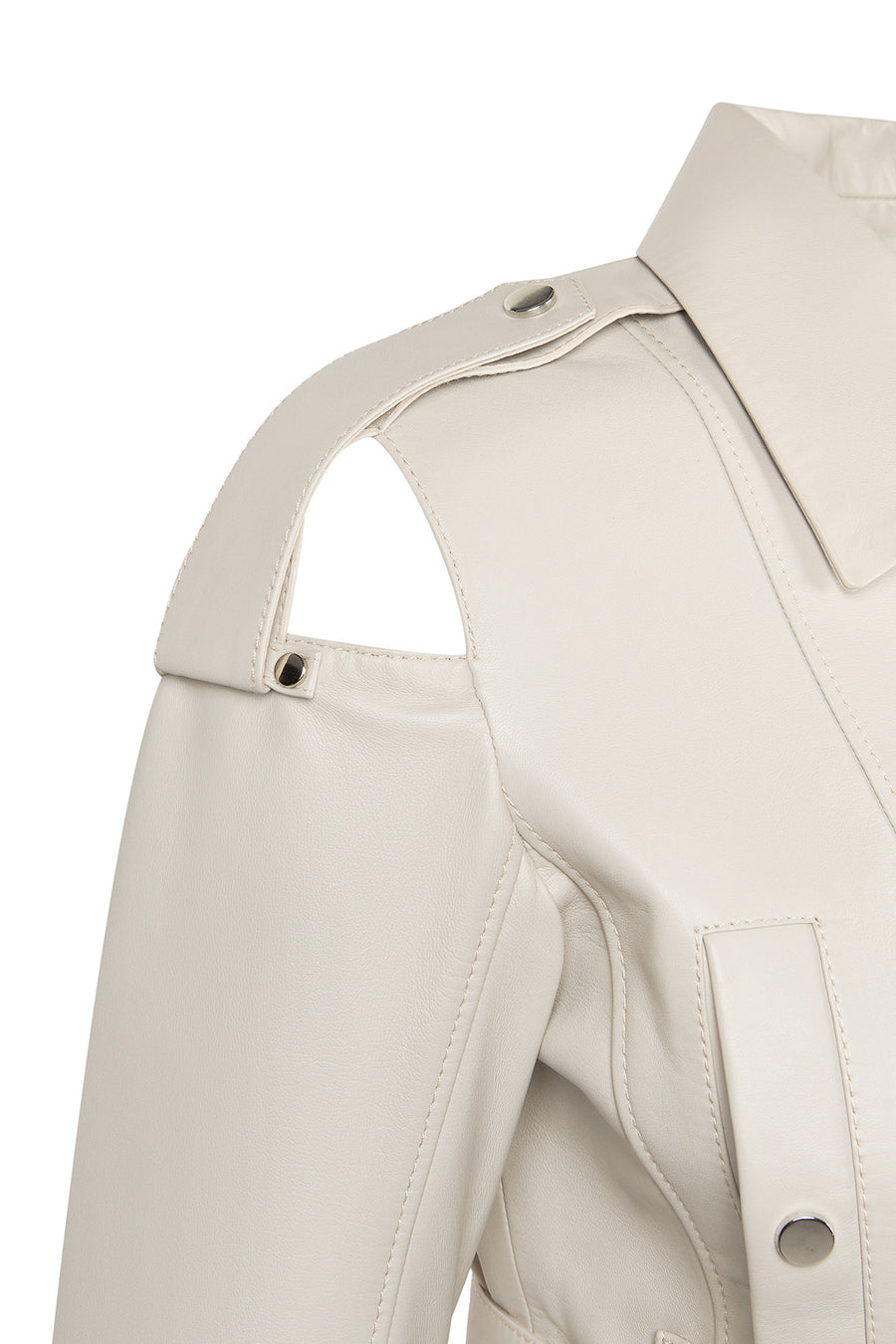 Avanti Woman Beige Off-Shoulder Short Biker Leather Jacket