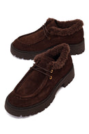Woman Brown Lace-Up Fur-Detail Thick-Soled Suede Casual Shoes | Derimod