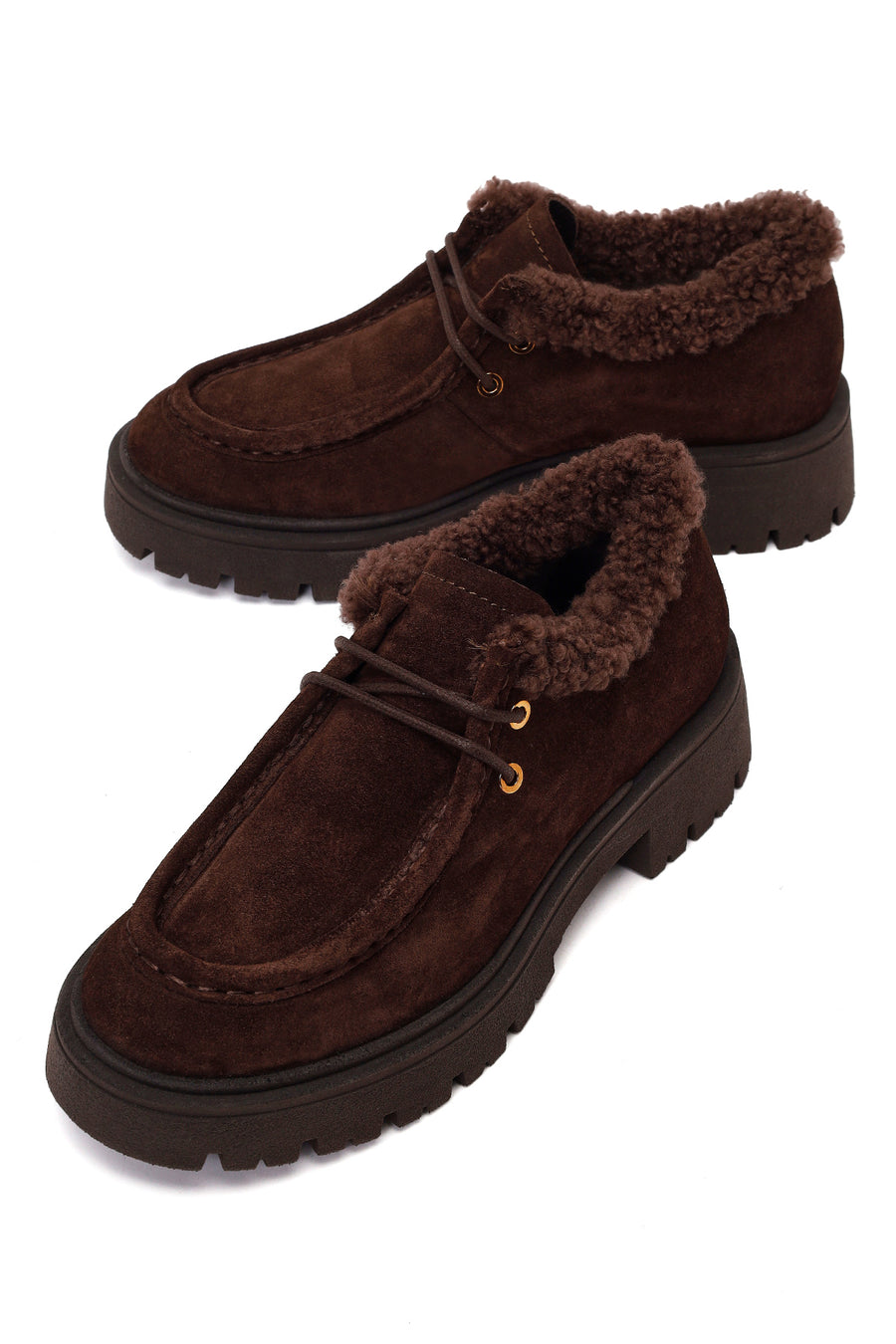 Woman Brown Lace-Up Fur-Detail Thick-Soled Suede Casual Shoes