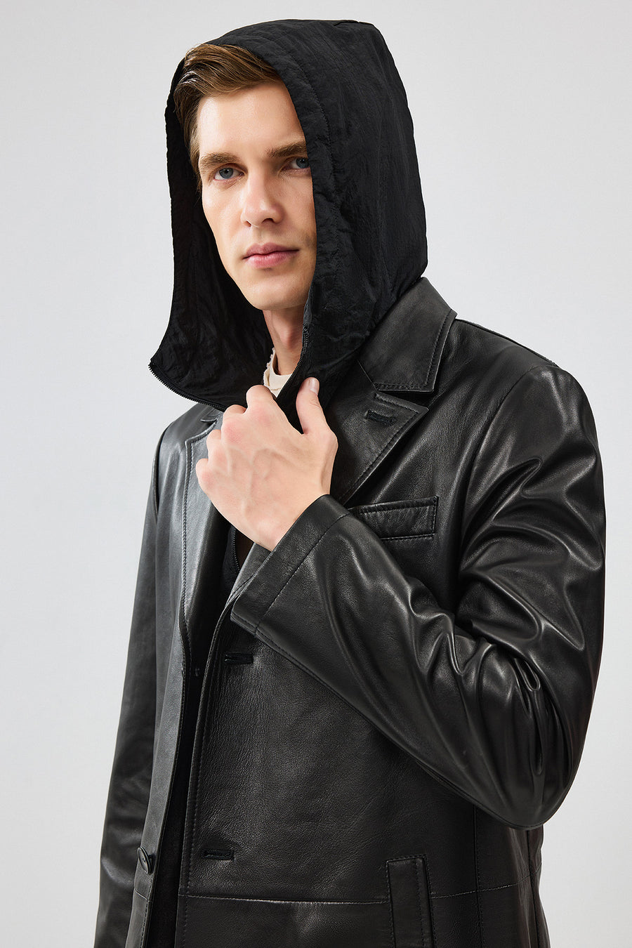 Dias Men's Black Long Hooded Leather Trench Coat