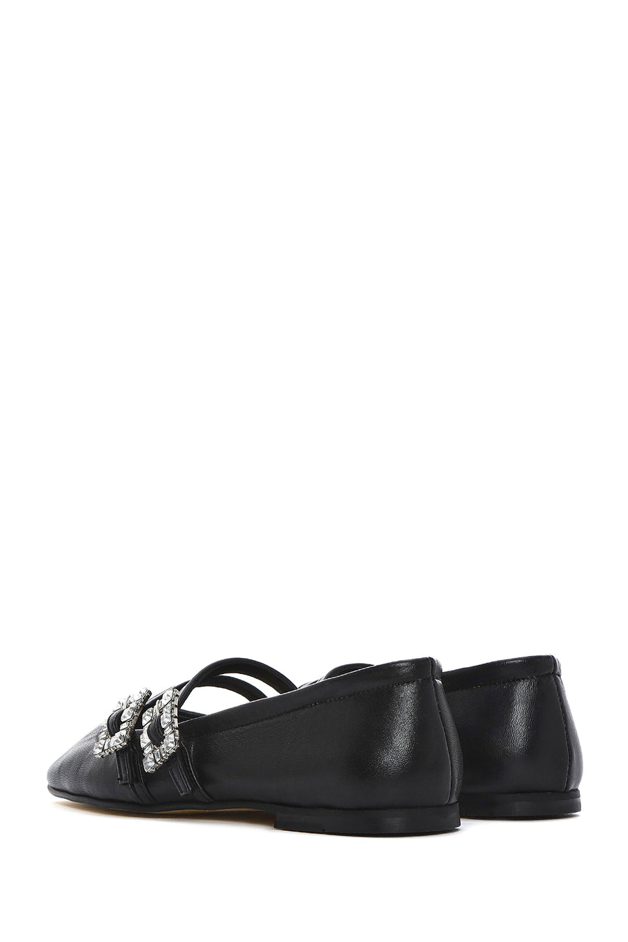 Women's Black Double Buckled Stoned Leather Ballerinas