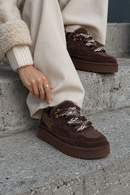 Kadın Kahverengi Bağcıklı Kalın Tabanlı Tüylü Süet Deri Teddy Sneaker | Derimod