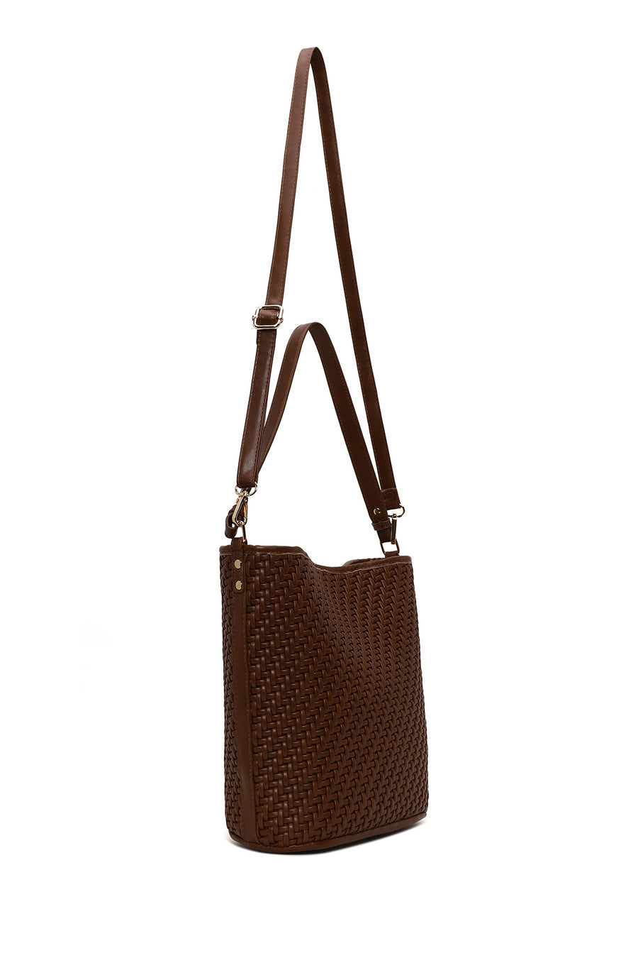 Woman Brown Long-Strap Braided Shoulder Bag