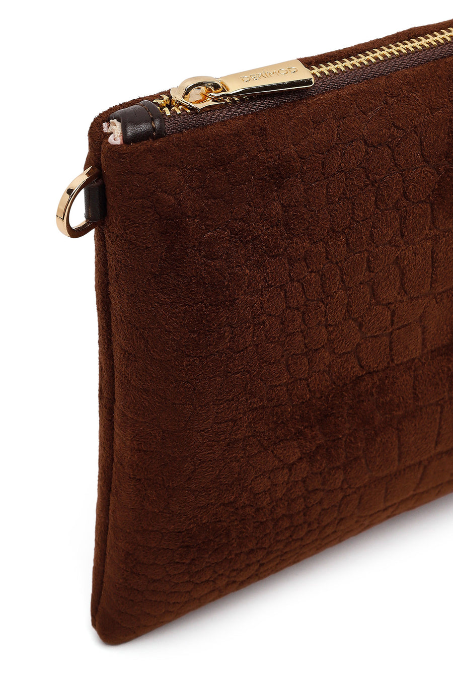 Woman Brown Chain Strap Printed Suede Clutch Bag