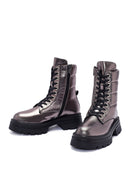 Women's Bronze Zipper Metallic Leather Combat Boots | Derimod