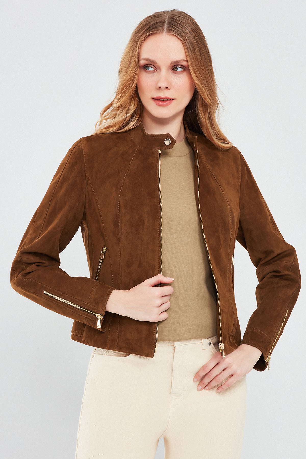 Grace Women's Brown Short Suede Leather Jacket 24SGE519710 | Derimod