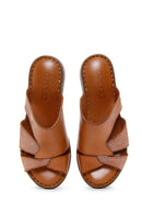 Women's Tan Leather Wedge Heel Comfort Slippers | Derimod