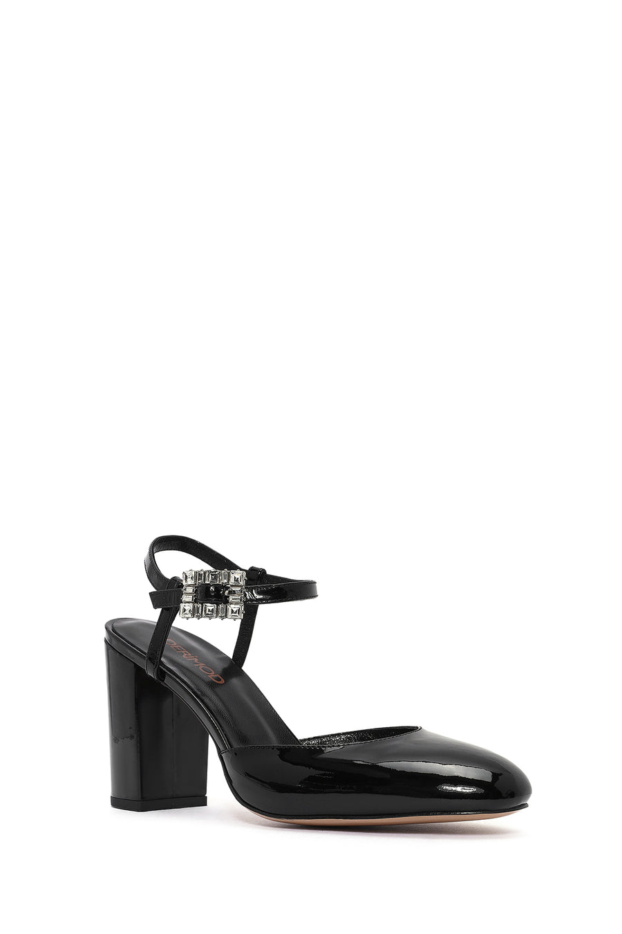 Women's Black Ankle Strap Stoned Thick Heel Leather Shoes