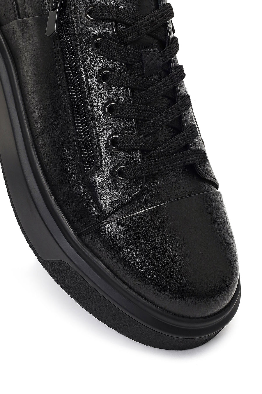 Erkek Siyah Bağcıklı Kalın Tabanlı Deri Sneaker
