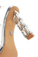 Women's Silver Ankle Strap Stone Thin Heel Sandals | Derimod