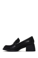 Women's Black Thick Heeled Leather Masculine Loafer | Derimod