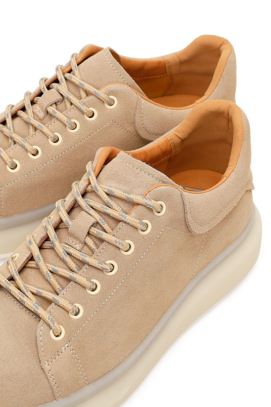 Men's Beige Lace-Up Thick-Sole Suede Leather Sneakers