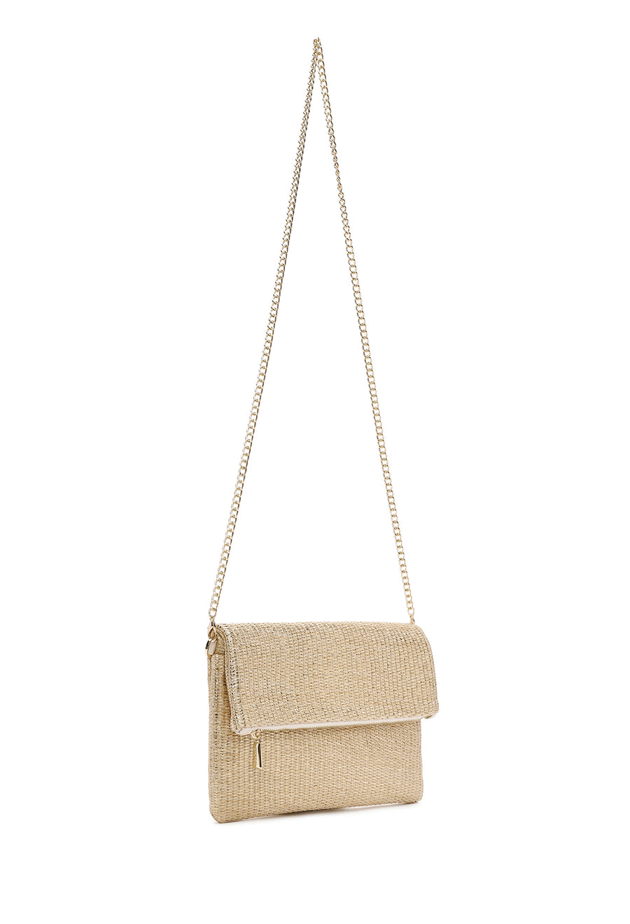Women's Beige Long Chain Strap Straw Clutch Bag