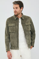 Kante Men's Dark Green Suede Leather Jacket | Derimod