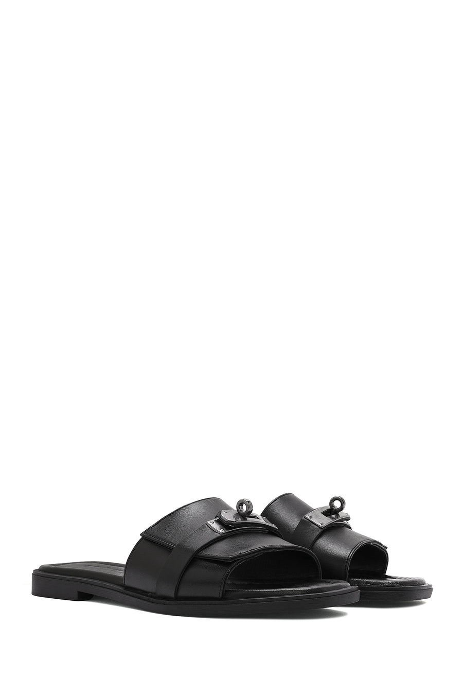 Women's Black Buckle Leather Slippers