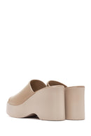 Women's Beige Wedge Heeled Leather Slippers | Derimod