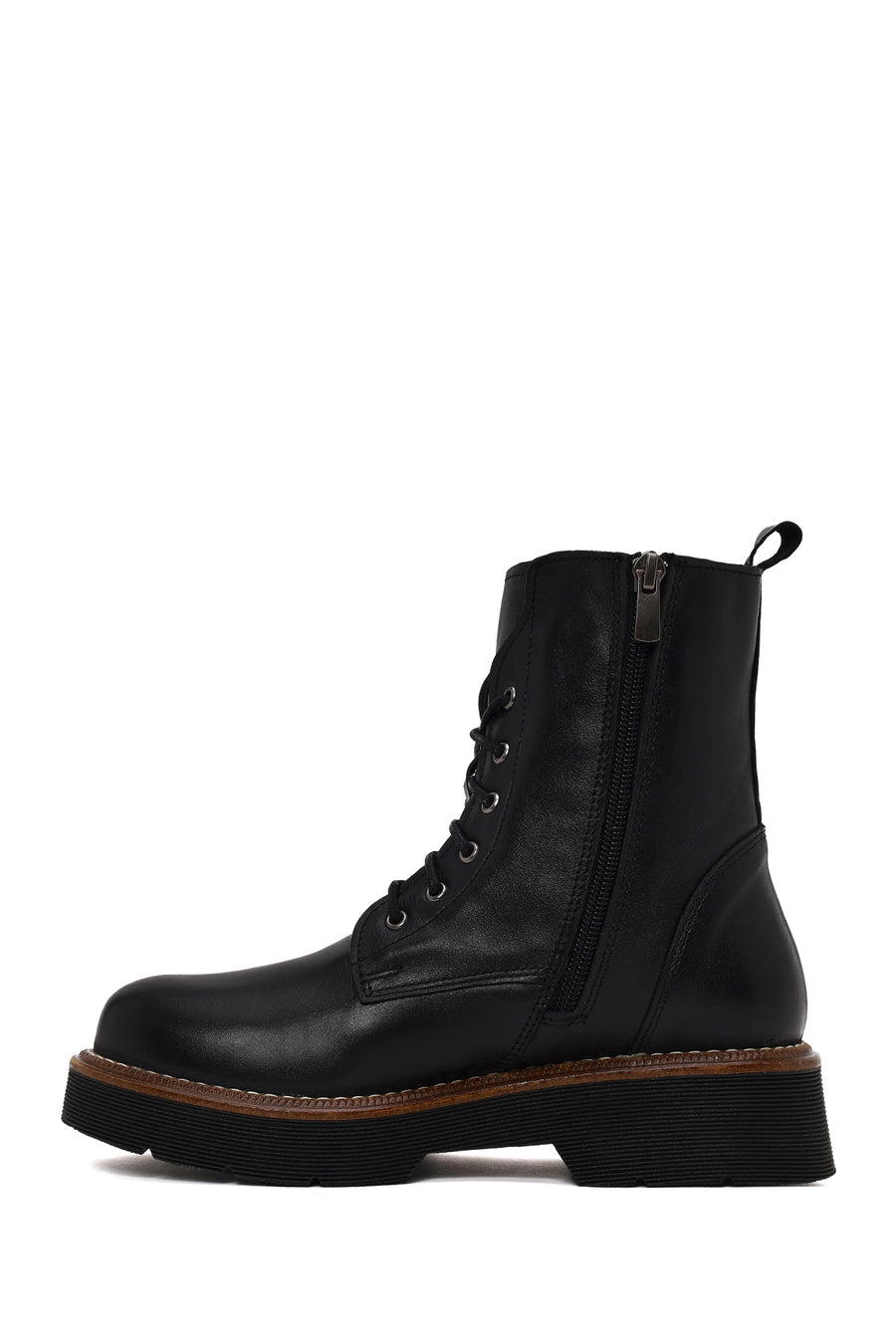Woman Black Zip Closure Thick-Soled Leather Combat Boots
