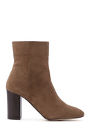 Women's Walnut Suede Leather Heeled Zipper Boots | Derimod