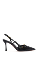 Women's Black Open Back Thin Heeled Leather Shoes | Derimod