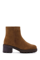 Women's Brown Zippered Thick Heel Suede Leather Boots | Derimod