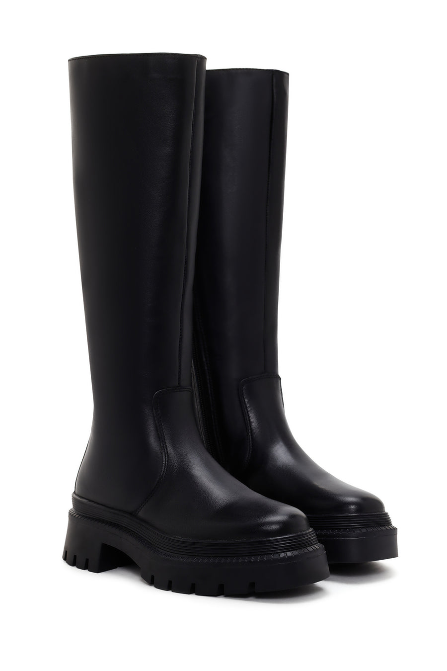 Women's Black Leather Thick Soled Zippered Boots