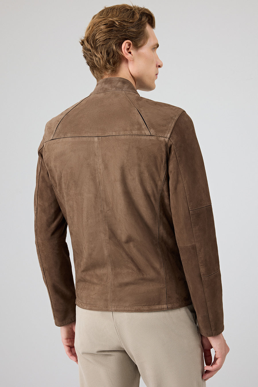 Neymar Men's Chestnut Man Collar Slim-Fit Suede Leather Jacket