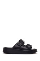 Woman Black Double-Buckle Thick-Soled Leather Comfort Slippers | Derimod