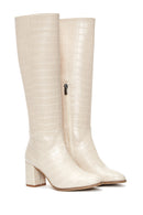 Women's Beige Crocodile Patterned Heeled Boots | Derimod