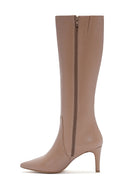 Women's Camel Zippered Thin Heeled Leather Boots | Derimod