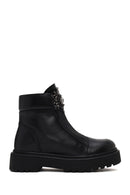 Woman Black Zip Closure Studded Thick-Soled Leather Boots | Derimod