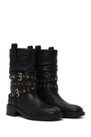 Woman Black Leather Biker Boots | Derimod