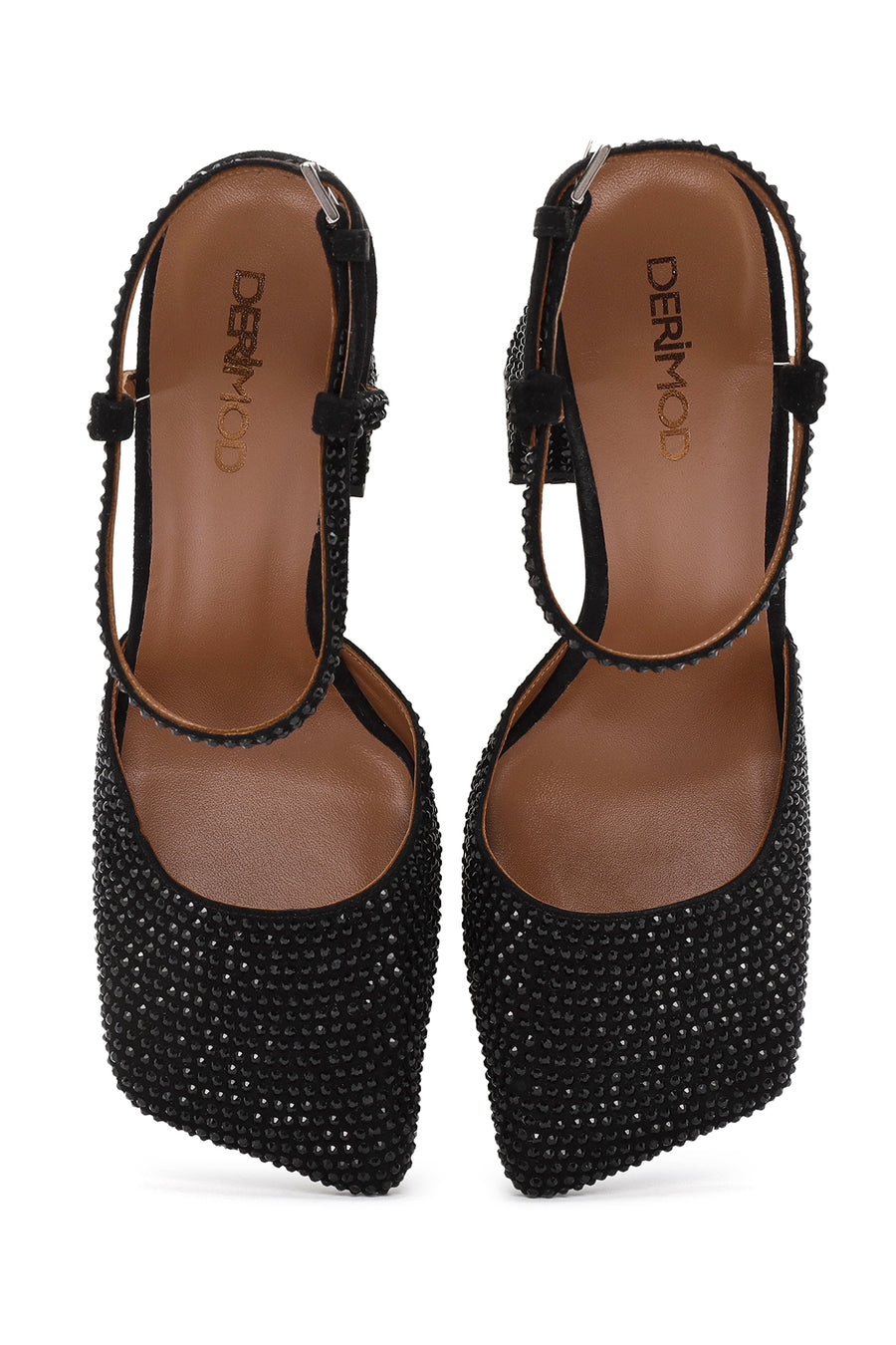 Women's Black Stoned Thick Heeled Leather Shoes