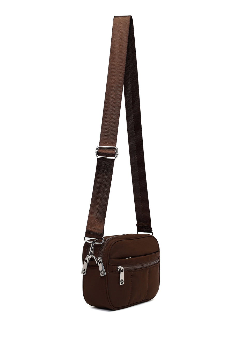 Woman Brown Long-Strap Fabric Crossbody Bag
