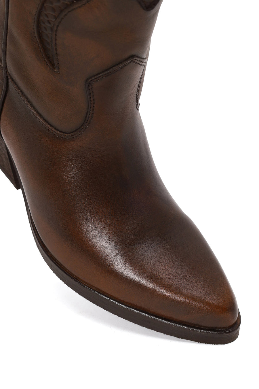 Woman Brown Short Chunky-Heeled Leather Cowboy Boots