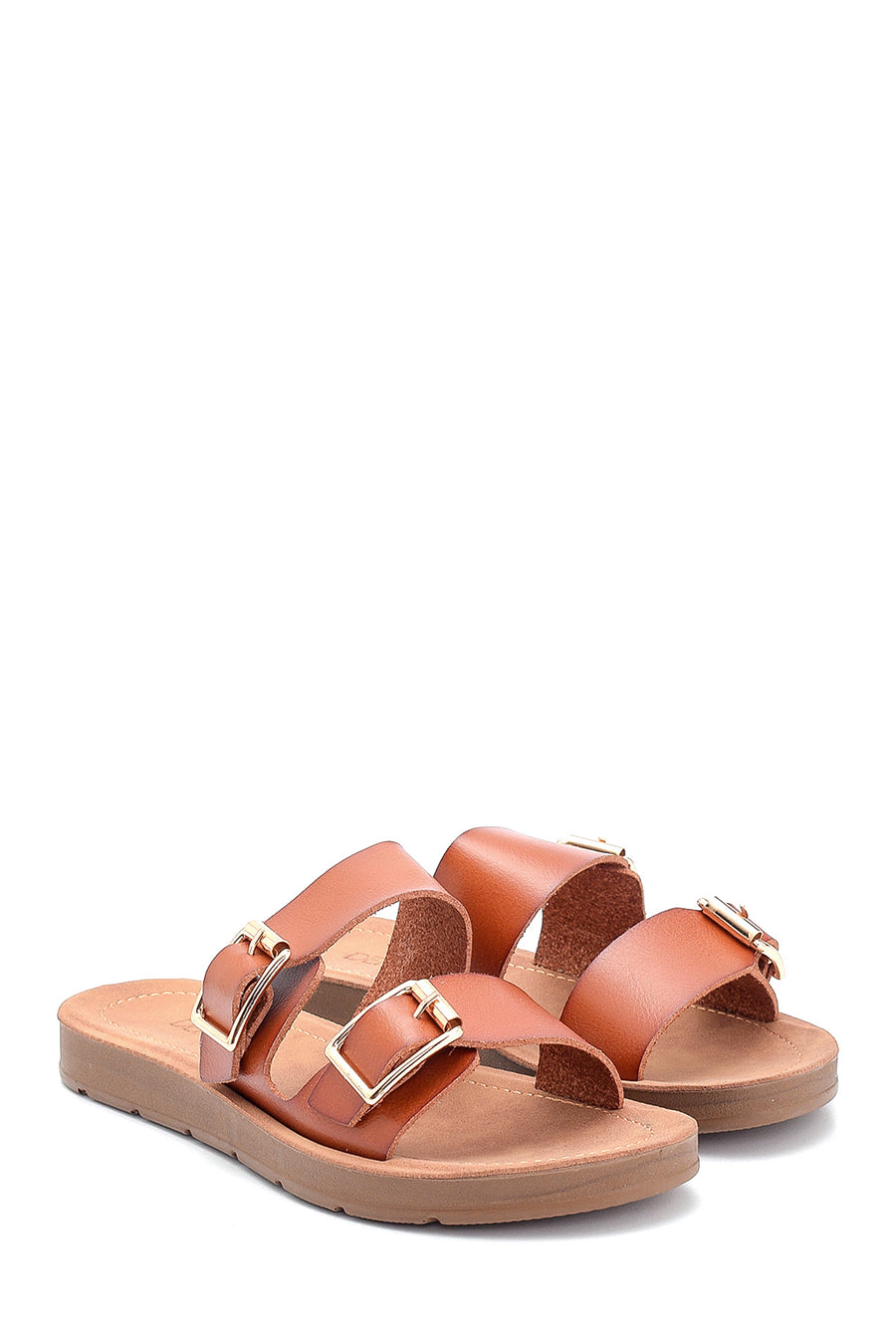 Women's Tan Double Buckle Open Back Flat Slippers