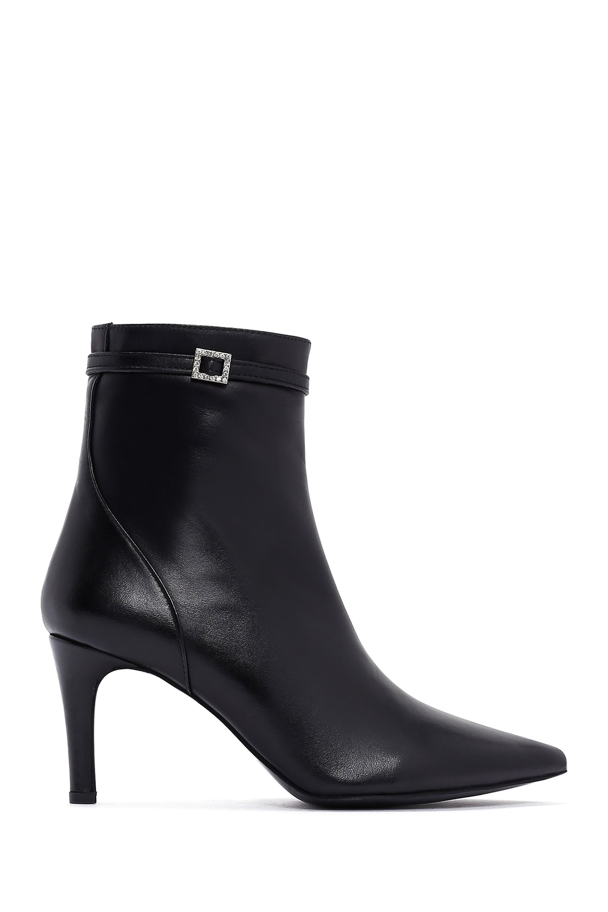 Women's Black Leather Buckle Thin Heeled Boots 23WFD163918 | Derimod