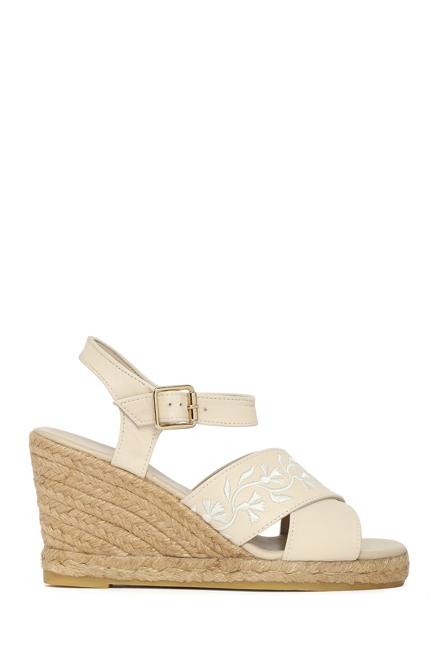 Woman Cream Ankle-Buckle Wedge-Heel Leather Espadrille Sandals 26SFD2068FT | Derimod