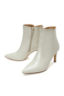 Women's Beige Leather Zippered Heeled Classic Boots | Derimod