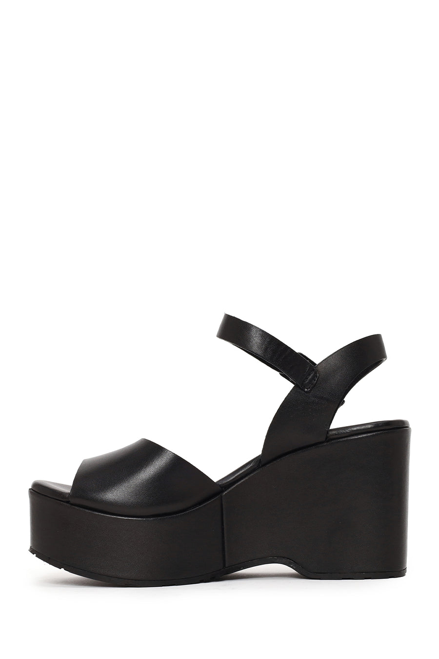 Woman Black Ankle-Buckle Wedge-Heel Leather Sandal