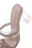 Women's Beige Stone Transparent Thick Heeled Slippers | Derimod