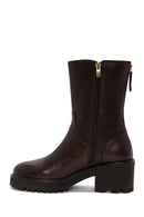 Women's Brown Double Zipper Thick Heel Leather Boots | Derimod