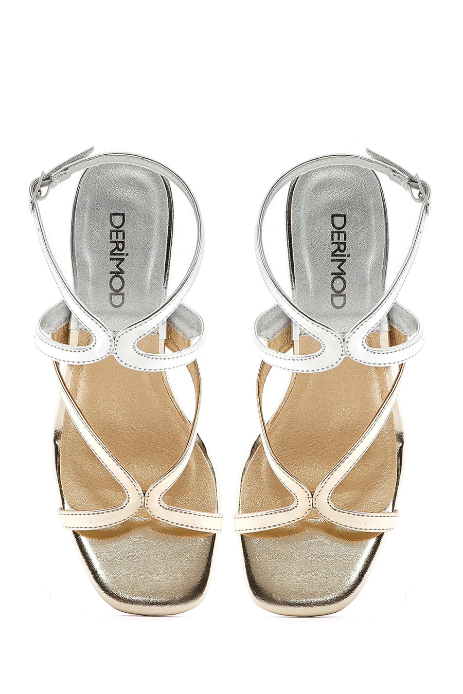 Woman Metallic Thin Heel Sandals with Gold Ankle Buckle