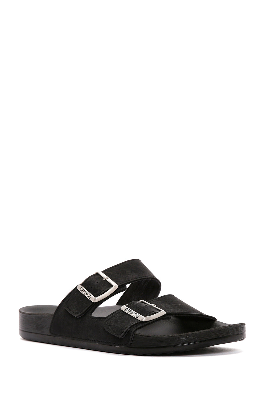 Men's Black Double Buckle Suede Leather Slippers