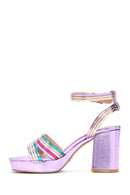 Women's Purple Metallic Thick Heeled Sandals | Derimod