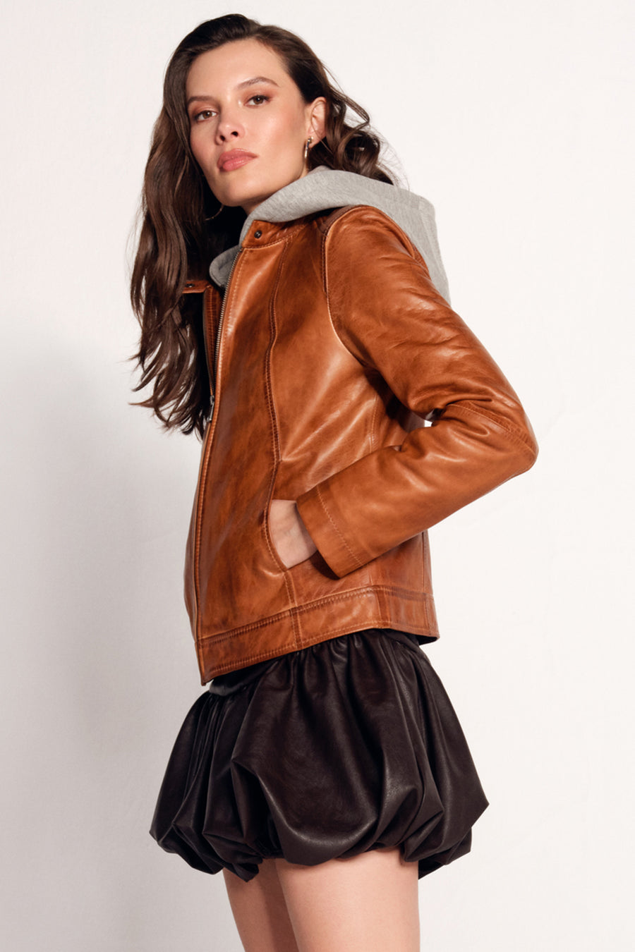 Magic Woman Brown Hooded Short Sport Leather Jacket