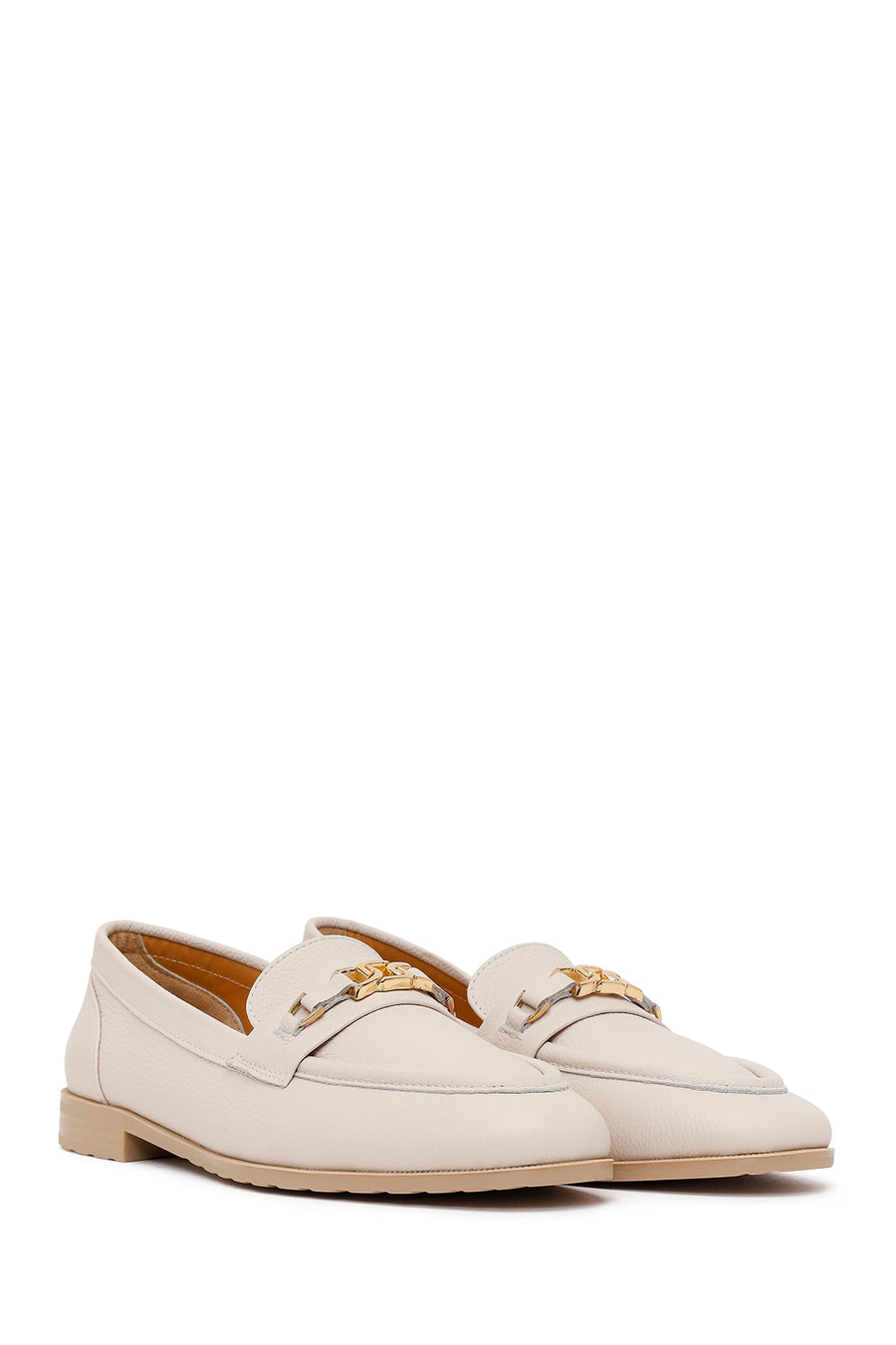 Woman Cream Buckled Masculine Leather Loafer