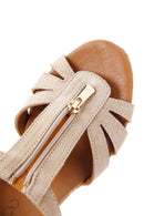 Women's Beige Zippered Wedge Heels Suede Leather Espadrilles | Derimod